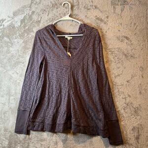 Rag Poets Purple Gray Textured‎ V-Neck Hoodie Top Boho Casual Long Sleeve SM New